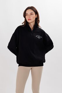 Женский черный свитер с воротником-стойкой и полумолнией с принтом, 3 нити ECROU