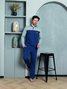 Мужской пижамный комплект, передняя часть из хлопка с интерлоком, сезонный M70032265 ahengim, темно-синий