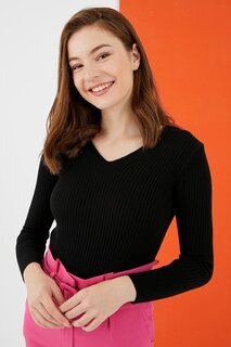 Женский черный базовый свитер узкого кроя в рубчик с v-образным вырезом Z Giyim