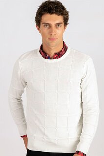 Мужской свитер с квадратным узором Slim Fit с круглым вырезом TUDORS, белый