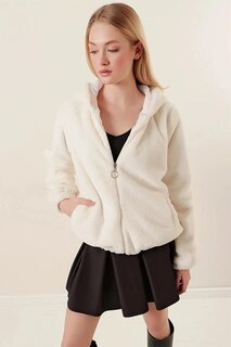 Женское белое пальто с капюшоном и молнией на запястьях и талии, мехом снаружи и подкладкой внутри HZL24W-BD151501 hazelin