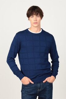 Мужской свитер с квадратным узором Slim Fit с круглым вырезом TUDORS, синий