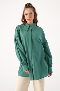 Темно-зеленая хлопковая туника-рубашка с острым воротником оверсайз ALL DAY
