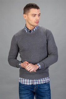 Мужской серый свитер узкого кроя с круглым вырезом и сотовым узором TUDORS