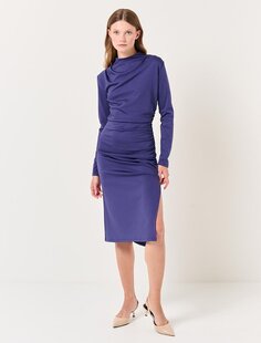 Темно-пурпурное платье-миди с круглым вырезом и длинными рукавами и разрезом Jimmy Key