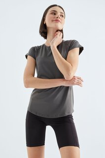 Темно-серая женская футболка стандартного кроя с круглым вырезом и коротким рукавом с задним окном TOMMYLIFE