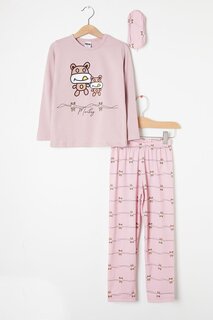 Темно-розовый пижамный комплект для девочек в полоску с рисунком животных и повязкой на глазу 16335 Pijakids