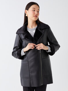 Женское однотонное кожаное пальто с байкерским воротником LCW Modest