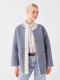 Женское однотонное плюшевое пальто с круглым вырезом LCW Modest