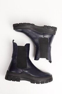 ТЕМНО-СИНИЕ женские повседневные ботинки челси из натуральной кожи с круглым носком 52411 GÖNDERİ(R)