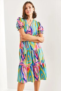 Женское платье с поясом и эластичными рукавами с разноцветными узорами SHADE
