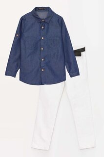 Темно-синяя рубашка в джинсовую складку для мальчика, комплект из верха и низа белых джинсовых брюк Riccotarz