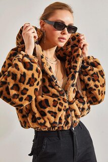 Женское плюшевое пальто на молнии с леопардовым узором SHADE, кэмел-черный
