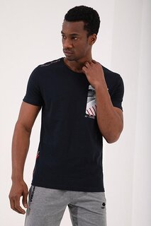 Темно-синяя мужская футболка стандартного кроя с круглым вырезом и принтом на груди TOMMYLIFE