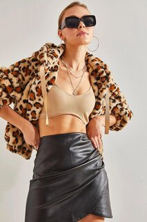 Женское плюшевое пальто на молнии с леопардовым узором SHADE, бежево-коричневый