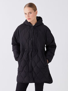 Женское пуховое пальто оверсайз с длинными рукавами и капюшоном с рисунком LCW ECO, новый черный