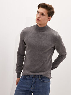 Мужской трикотажный свитер с длинным рукавом и полуводолазкой LCWAIKIKI Basic, средне-серый меланж