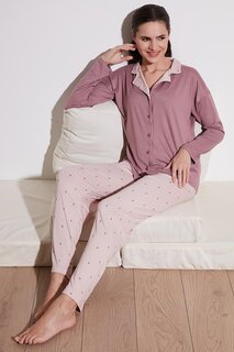 Тканый пижамный комплект с эластичным поясом и длинным рукавом с рисунком и воротником 6097520 Lela, розовый