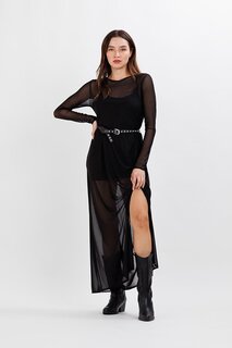 Женское черное платье с разрезом на талии и подкладкой из тюля ECROU