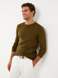 Мужской трикотажный свитер с круглым вырезом и длинными рукавами LCWAIKIKI Basic, оливково-зеленый меланж