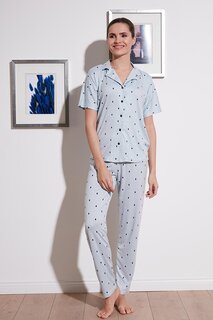 Тканый пижамный комплект с короткими рукавами и эластичным поясом с рисунком и воротником-рубашкой 6097515 Lela, синий