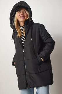 Женское черное пуховое пальто оверсайз на молнии с капюшоном Z Giyim