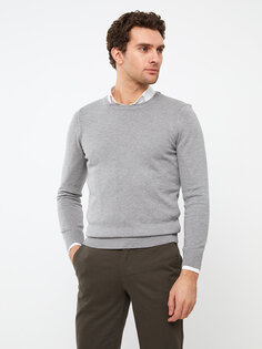 Мужской трикотажный свитер с круглым вырезом и длинными рукавами LCWAIKIKI Basic, серый меланж