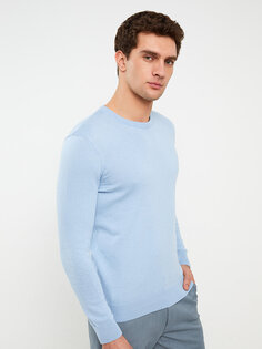 Мужской трикотажный свитер с круглым вырезом и длинными рукавами LCWAIKIKI Basic, светло-синий