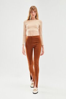 Замшевые брюки с разрезами коричневые QUZU