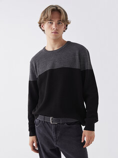 Мужской трикотажный свитер с круглым вырезом и длинными рукавами с цветными блоками LCW Casual, новый черный