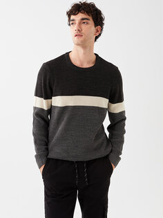 Мужской трикотажный свитер с круглым вырезом и длинными рукавами с цветными блоками LCW Casual, серый