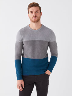 Мужской трикотажный свитер с круглым вырезом и длинными рукавами с цветными блоками LCWAIKIKI Classic, темное масло