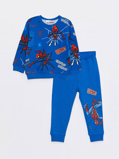 Толстовка для маленьких мальчиков с круглым вырезом и длинными рукавами с принтом «Человек-паук» и спортивный костюм, комплект из 2 предметов LCW baby, темно-синий с принтом