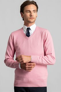 Мужской хлопковый розовый свитер Slim Fit с v-образным вырезом TUDORS