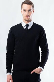 Мужской хлопковый черный свитер Slim Fit с v-образным вырезом TUDORS