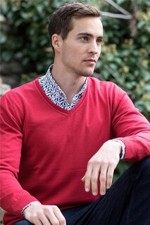 Мужской хлопковый красный свитер Slim Fit с v-образным вырезом TUDORS