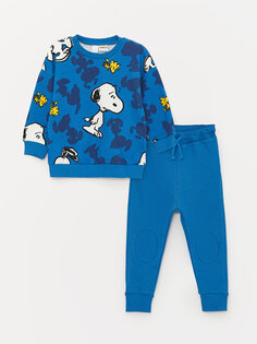 Толстовка для маленьких мальчиков с круглым вырезом и длинными рукавами с принтом Снупи и спортивный костюм, комплект из 2 предметов LCW baby, средний синий с принтом