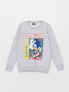 Толстовка для мальчика с длинными рукавами и круглым вырезом с принтом Sonic LCW Kids, светло-серый меланж