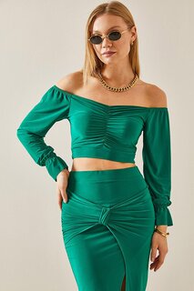 Зеленая укороченная блузка со сборками и низкими плечами 4KXK2-47782-08 XHAN