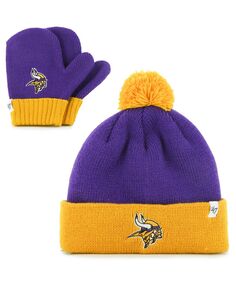 Комплект унисекс пурпурно-золотой вязаной шапки Minnesota Vikings Bam Bam с манжетами, помпоном и варежками для малышей &apos;47 Brand