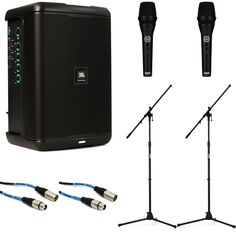 Компактная портативная акустическая система JBL EON One с динамическим вокальным микрофоном AKG P3 S (пара) и подставками