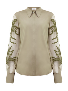 Блуза из хлопка и органзы с вышивкой Marine Flower Brunello Cucinelli