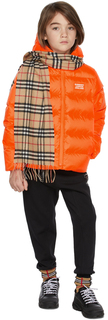 Детская оранжевая пуховая куртка с капюшоном и аппликацией логотипа Burberry