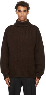 Коричневый шерстяной свитер с высоким воротником в рубчик Jil Sander
