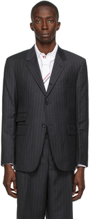 Серый шерстяной спортивный пиджак в тонкую полоску с одним разрезом Thom Browne