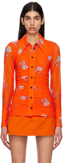 Оранжевая рубашка с рюшами и принтом GANNI