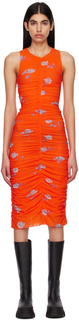 Оранжевое платье-миди с принтом и сборками GANNI
