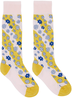 Розовые и желтые полосатые носки с цветочками Marni