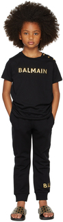 Детская черная футболка на пуговицах с логотипом Balmain