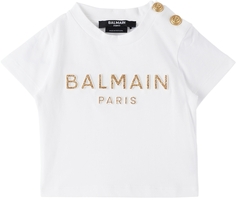 Белая футболка с блестками для малышей Balmain